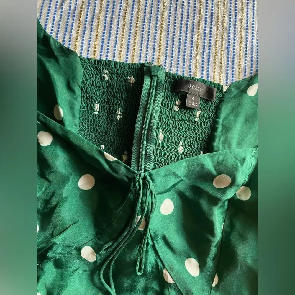 J Crew Midi Dress Women's Green White Polka Dot Long Sleeve  Sweetheart Sz 4
